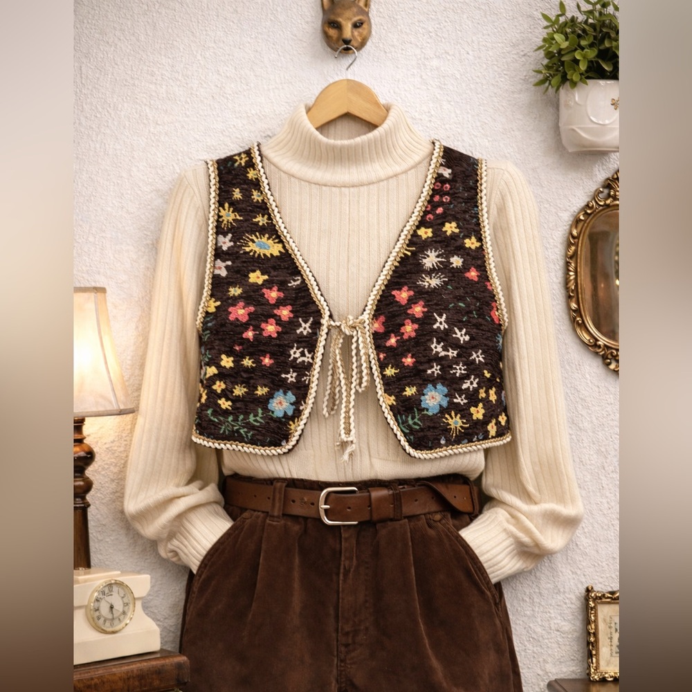 Boho Tapestry Tie Front Vest Festival Cottagecore Layering Coquette Girl brown - Picture 12 of 12